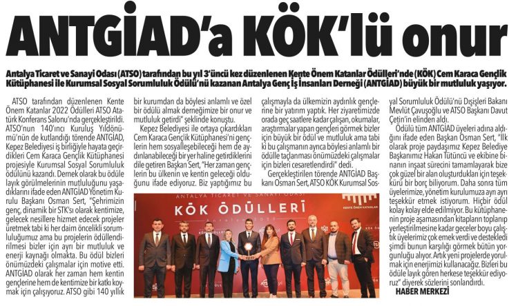ANTGİAD’A KURUMSAL SOSYAL SORUMLULUK ÖDÜLÜ